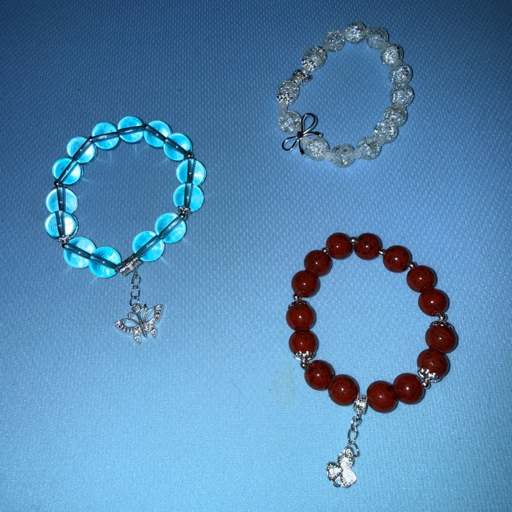 Beaded Bracelet Set NEW Blue Red Clear Charms Boho 3pc